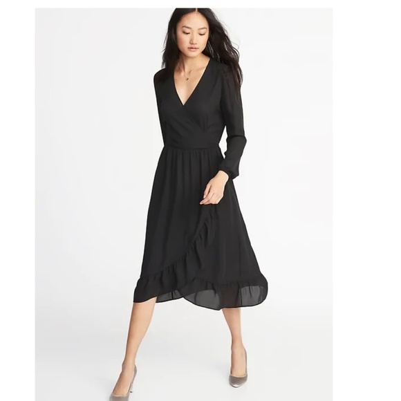 Old Navy Dresses & Skirts - Old Navy Ruffle Trim Faux Wrap Dress 2X Black 659